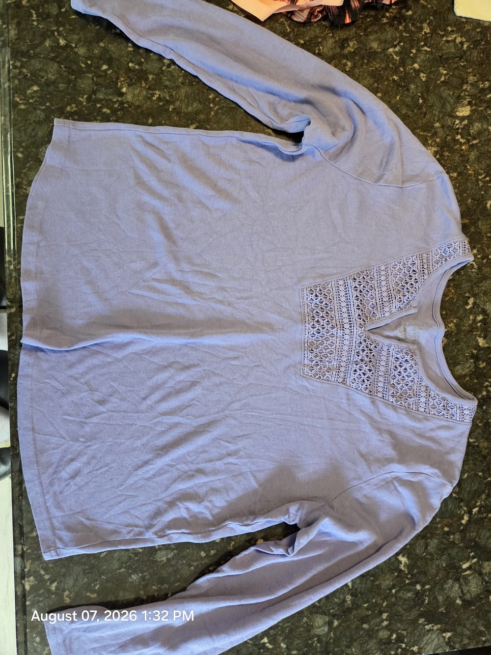 Women's Long-Sleeve Crochet Yoke Top in Light Lavender